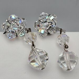 Aurora Borealis Crystal Clip Earrings Vintage Dangle Handmade